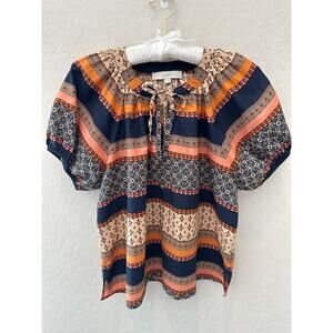 LOFT | Petite Boho Print Keyhole Short Puff Sleeve Peasant Top | Small